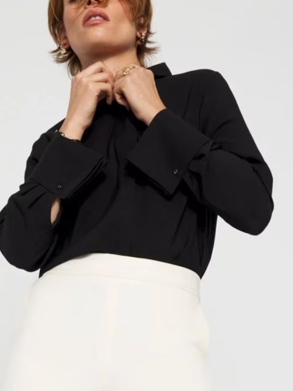 nwt WHITE HOUSE BLACK MARKET SATIN TUXEDO CUFF SHIRT IN BLACK S - Picture 2 of 2